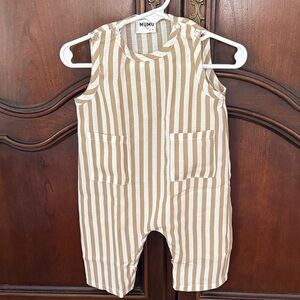 Neutral Baby Romper 0-3M Tan Striped Linen Look Minimalist Outfit Summer